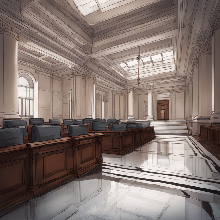 hand-drawn digital illustration of a courthouse with a modern twist, Artstation HQ, digital art, reflective marble floors, solemn atmosphere, detailed textures, trending on Artstation