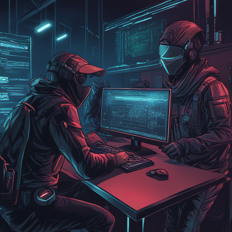 hand-drawn digital illustration depicting a cyber hacker group, Artstation HQ, intricate digital details, dark palette, intense atmosphere, crypto heist theme, trending on Artstation