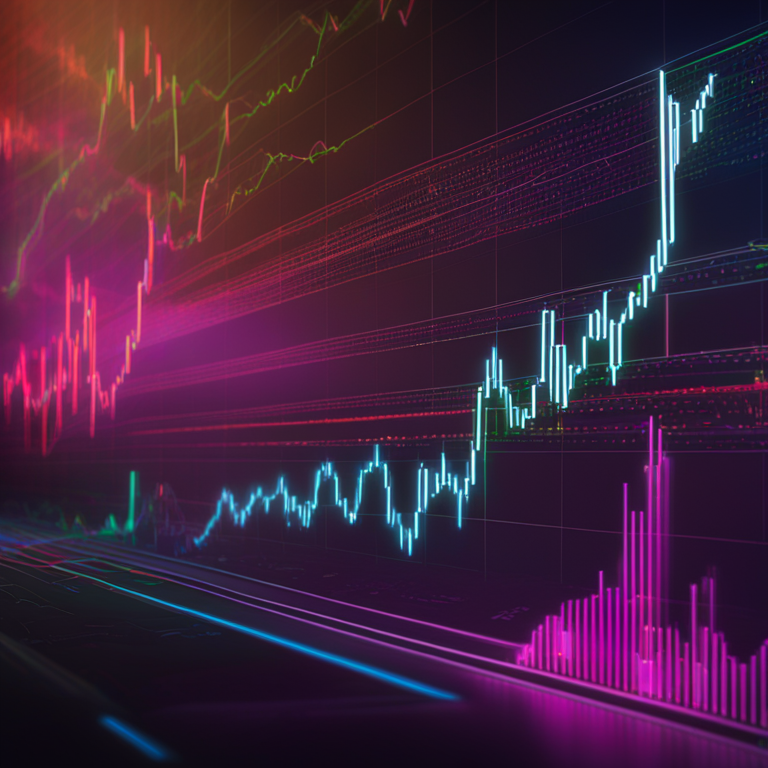 Artistic representation of cryptocurrency market trends, Artstation HQ, digital art, historical price graph overlay, colorful lines and arrows