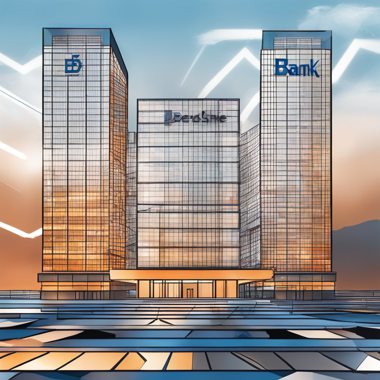 A hand-drawn digital illustration of Deutsche Bank headquarters with blockchain icons, modern style, Artstation HQ, digital art