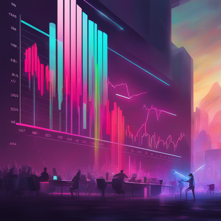 A digital illustration showing a bar graph representing economic data, Artstation HQ, digital art, chart analysis, finance, modern design, vibrant colors, high-tech, Art by Peter Mohrbacher, financial trends