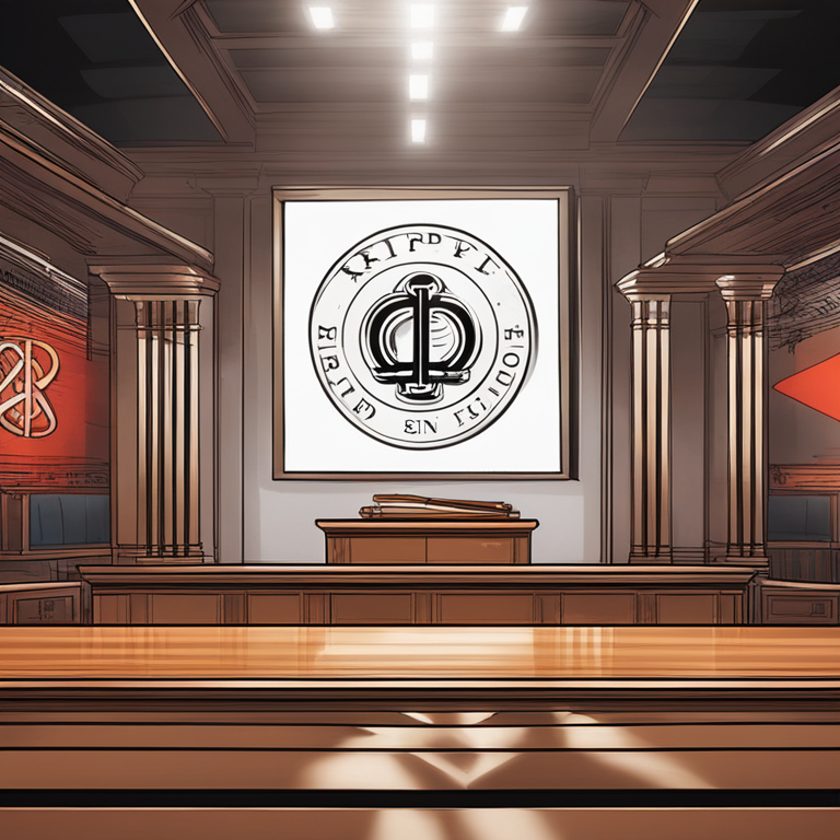 hand-drawn digital illustration, Artstation HQ, digital art of XRP and Ripple logos on a courtroom backdrop, dramatic lighting, high tension, abstract elements, trending on Artstation