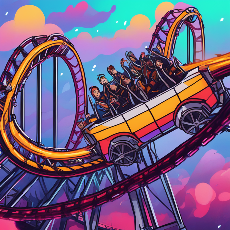 Hand-drawn digital illustration of a rollercoaster symbolizing market volatility, Artstation HQ, digital art, XRP, cryptocurrency, colorful and dynamic, trending on Artstation