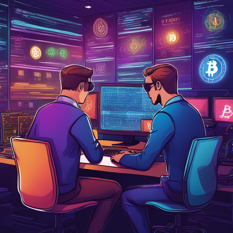 A hand-drawn digital illustration of digital cryptocurrencies being monitored by financial authorities. The depiction features digital currency icons, vibrant colors, and a high level of detail, Artstation HQ style.