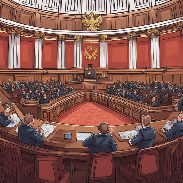 A hand-drawn digital illustration of Russia's parliament debating cryptocurrency regulations, digital art, trending on Artstation, Artstation HQ