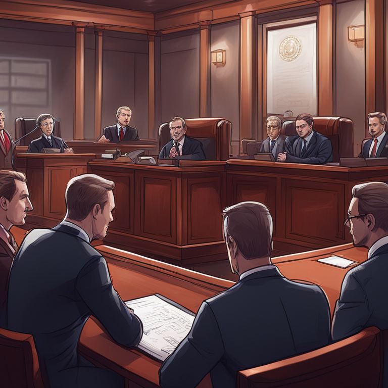 A hand-drawn digital illustration of a courtroom scene with Russian lawmakers debating cryptocurrency regulations, Artstation HQ, digital art, modern political setting, serious expressions, trending on Artstation