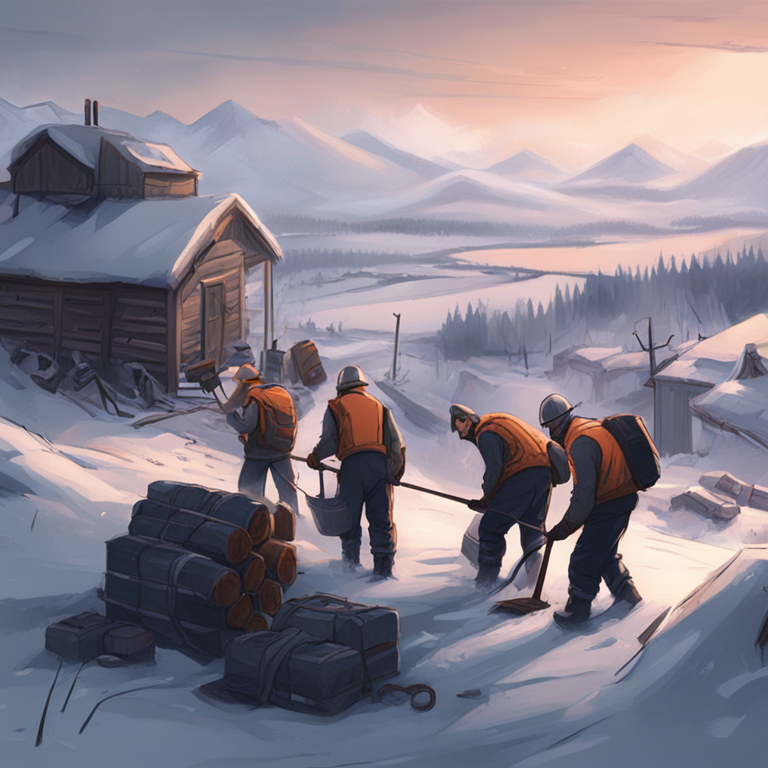 A hand-drawn digital illustration of miners packing their equipment in a snowy Russian landscape, Artstation HQ, digital art, determined expressions, modern struggle, trending on Artstation