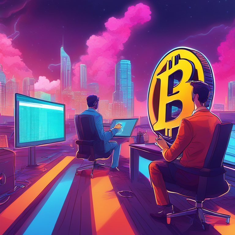 imaginative digital artwork of analysts predicting bitcoin price movements, Artstation HQ, futuristic and colorful style