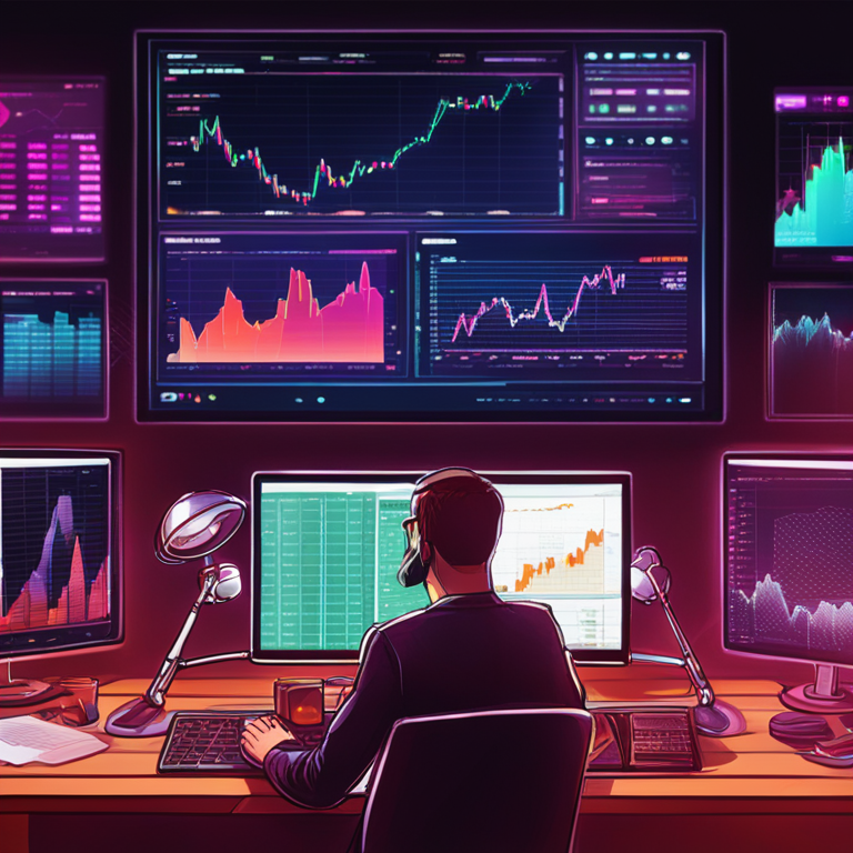 hand-drawn digital illustration, Artstation HQ, digital art, person analyzing Ethereum trends on high-tech screens, vibrant colors, dynamic lighting, financial charts, crypto market