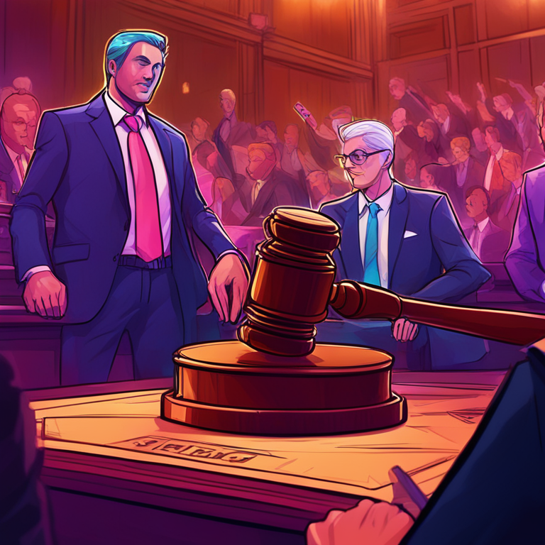 hand-drawn digital illustration, Artstation HQ, digital art, a courtroom scene with Ethereum symbol as gavel, vibrant colors, dynamic lighting, legal battle, finance, crypto market