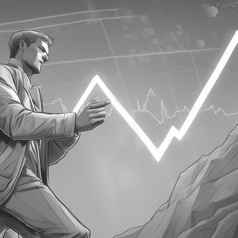 hand-drawn digital illustration, Artstation HQ, digital art, Grayscale impact on Ethereum ETF, triumphant figure, financial graph backdrop