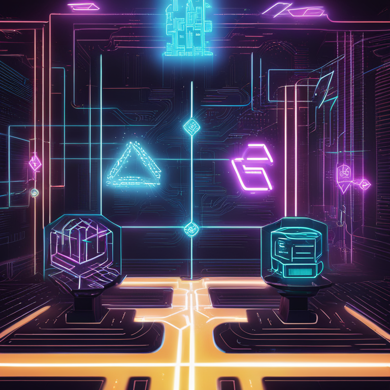 hand-drawn digital illustration of futuristic blockchain network, Artstation HQ, digital art, neon lights, DeFi concepts intertwined with Solana logos