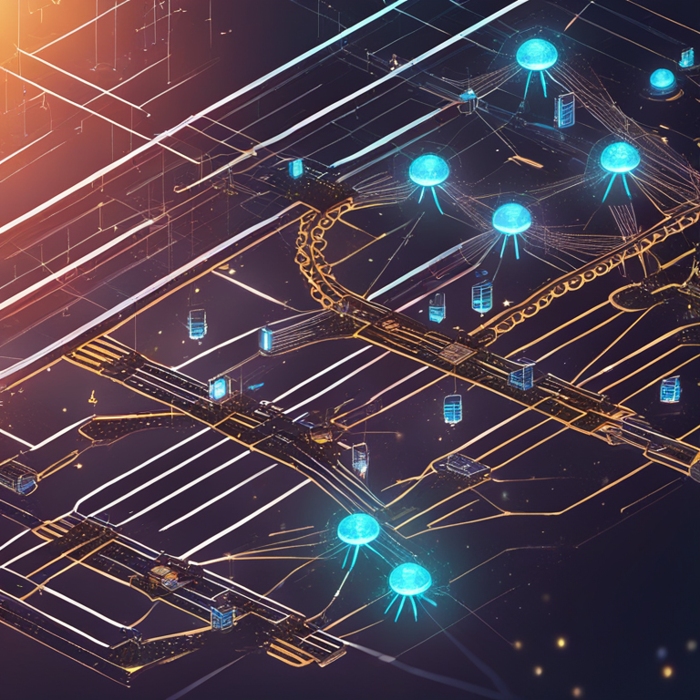 hand-drawn digital illustration of a futuristic blockchain network with bridges connecting different segments, Artstation HQ, digital art