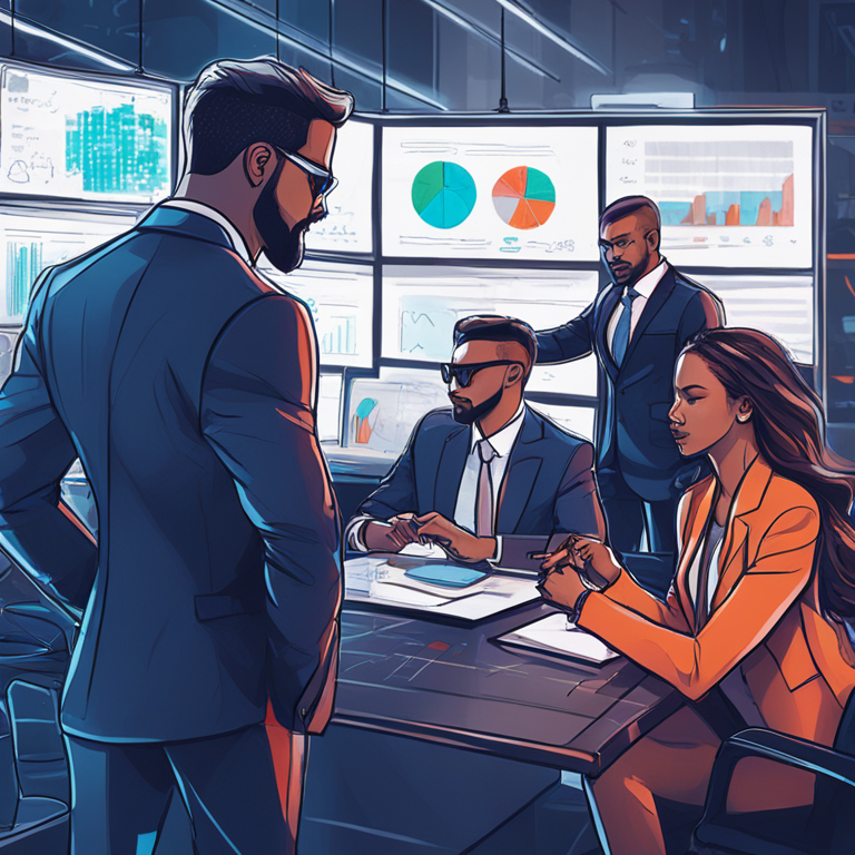 hand-drawn digital illustration of business leaders discussing blockchain strategies, Artstation HQ, digital art, corporate settings infused with futuristic elements and charts