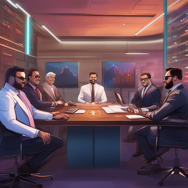 digital art of CryptoDad Giancarlo and other high-profile board members in a dynamic corporate setting, Artstation HQ, digital illustration