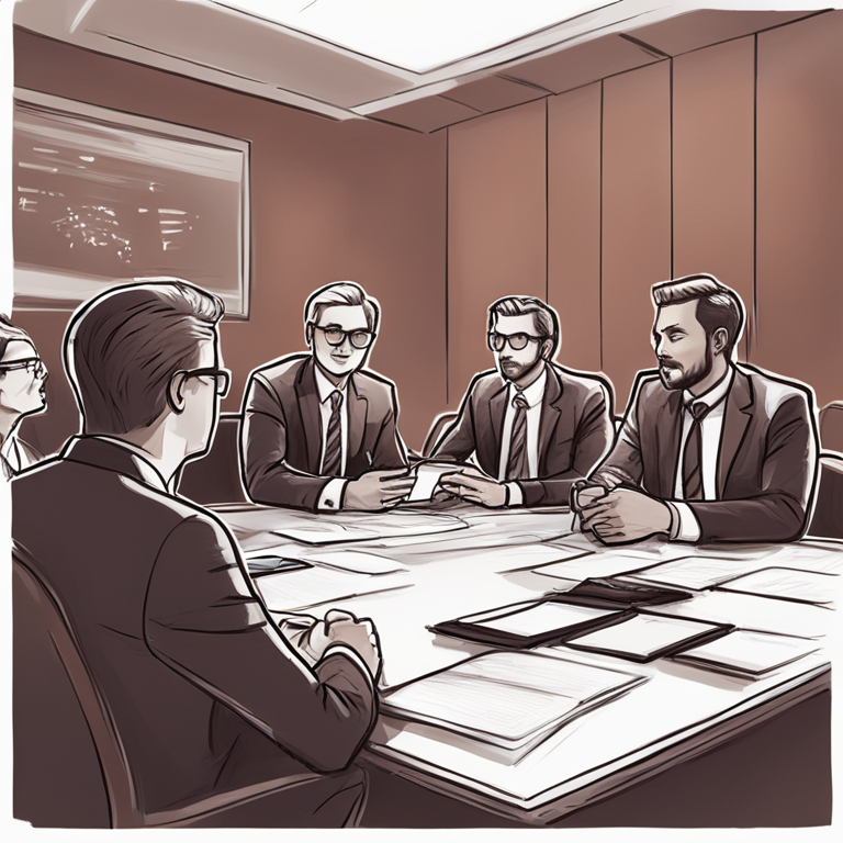 hand-drawn digital illustration of a corporate board meeting discussing cryptocurrency, Artstation HQ, digital art