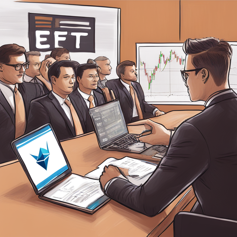 Artistic representation of SEC reviewing Ethereum ETF, hand-drawn digital illustration, Artstation HQ, digital art