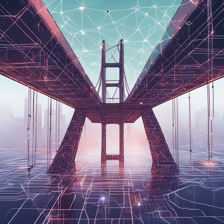 A visual representation of blockchain technology showing a digital code bridge between two networks, hand-drawn digital illustration, Artstation HQ, digital art