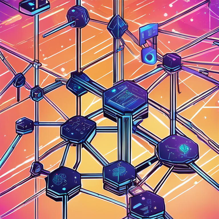 A captivating hand-drawn digital illustration of a blockchain network with interconnected nodes and security locks, Artstation HQ, detailed, vibrant colors, futuristic, trending on Artstation, digital art