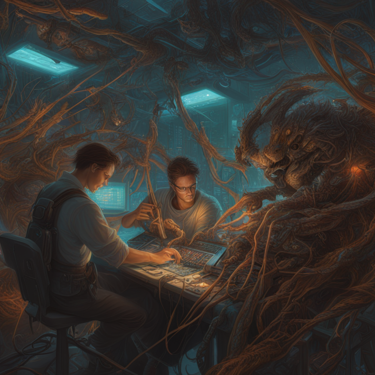 A graphic representation of tech professionals fixing a digital bug on a network, art by Peter Mohrbacher and Donato Giancola, detailed digital illustration, vibrant, glossy, Artstation HQ, infinite loops of code strands being unraveled