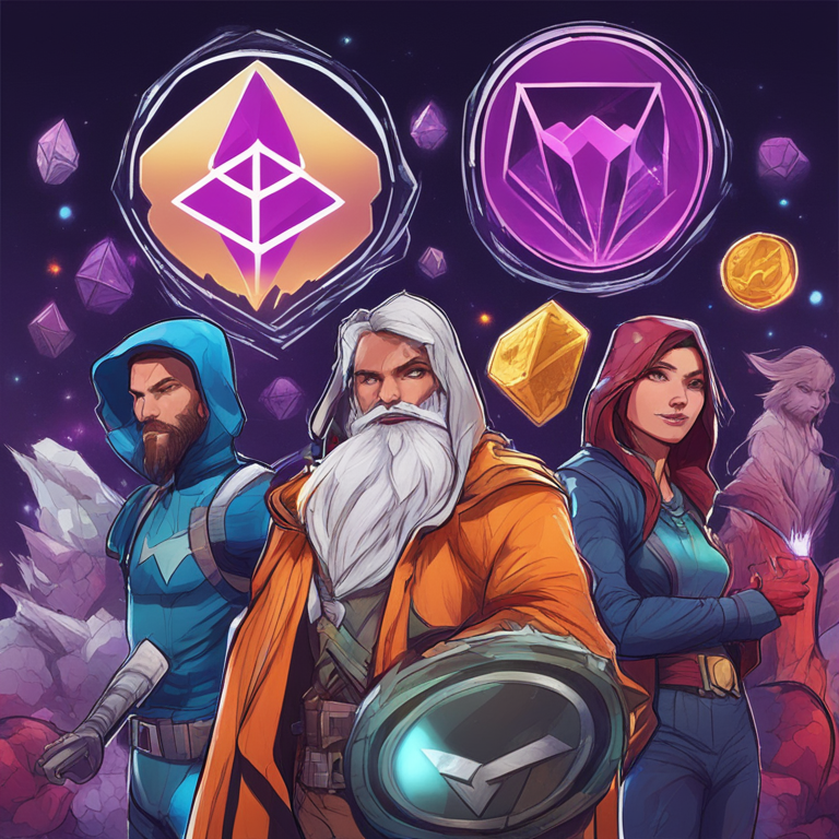 Ethereum and various altcoins represented as heroic characters in a digital universe, hand-drawn digital illustration, Artstation HQ, vibrant and dynamic, digital art