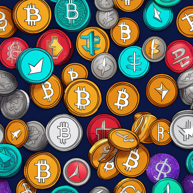 Hand-drawn digital illustration of crypto coins with upward trend, Artstation HQ, digital art, colorful and vibrant