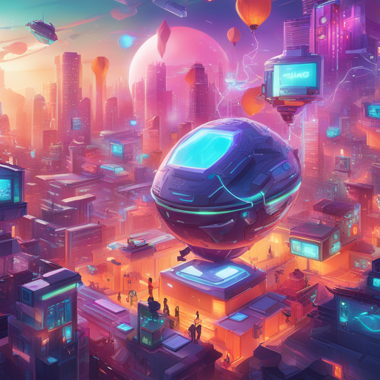 A vibrant and whimsical digital illustration of a futuristic, playful blockchain world, blending elements of cartoonish characters and high-tech design, with a comic touch, Artstation HQ