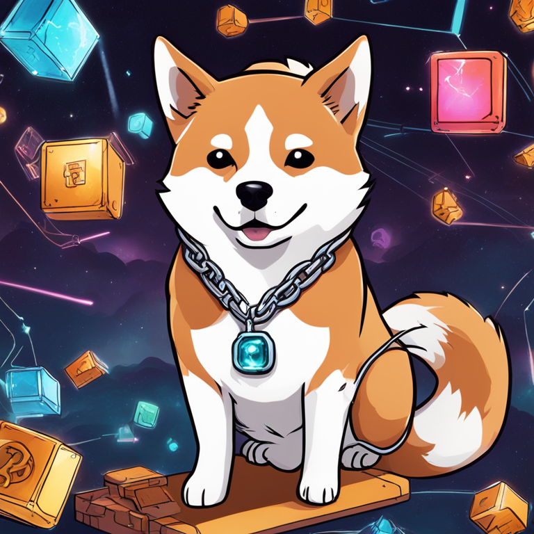 A stylish hand-drawn digital illustration of Shiba Inu's blockchain universe, featuring blockchain elements like chains and blocks, with a futuristic and playful design, Artstation HQ