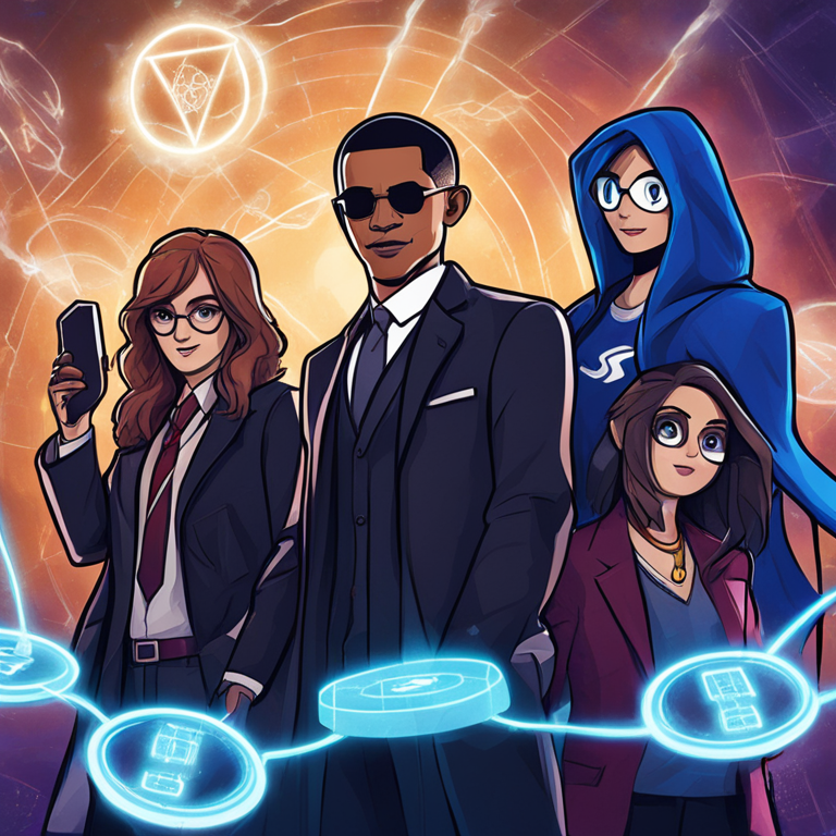 Hand-drawn digital illustration of a trendy and futuristic blockchain network, featuring characters from Harry Potter, Obama, and Sonic, on a sleek background, Artstation HQ, digital art