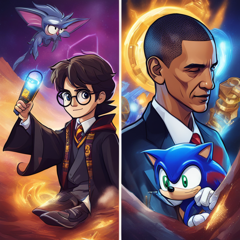 Illustration of digital memes combining Harry Potter, Obama, Sonic in a blockchain, trendsetting futuristic design, vibrant and detailed, digital art from Artstation