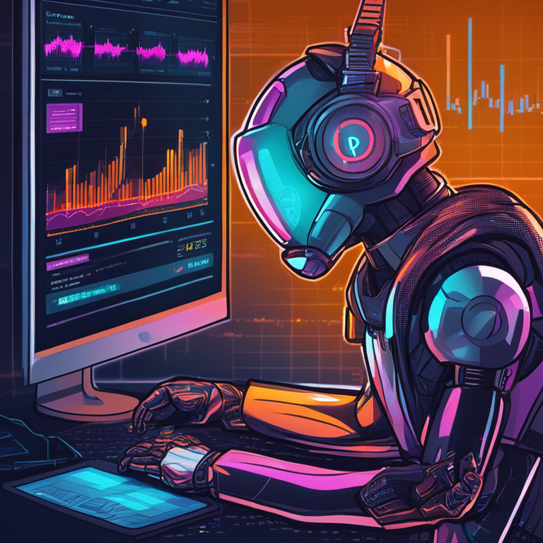 hand-drawn digital illustration of an AI chatbot analyzing Bitcoin price trends on screens, Artstation HQ, digital art, futuristic theme, vibrant colors, cryptocurrency price analysis