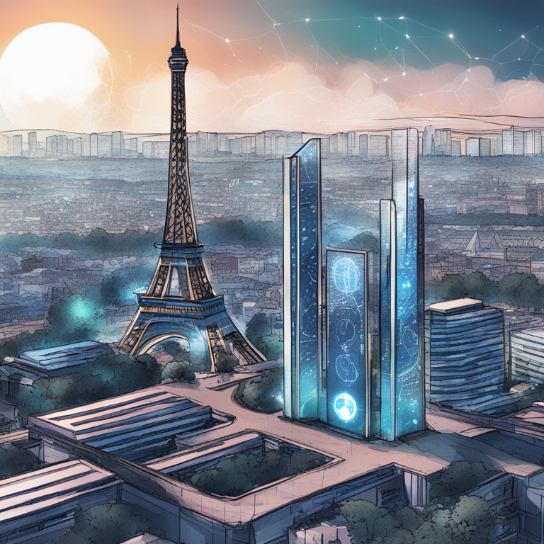 Hand-drawn digital illustration, Artstation HQ, digital art of Crypto.com headquarters in Paris with futuristic European skyline, global map with digital connections, trending magazine style