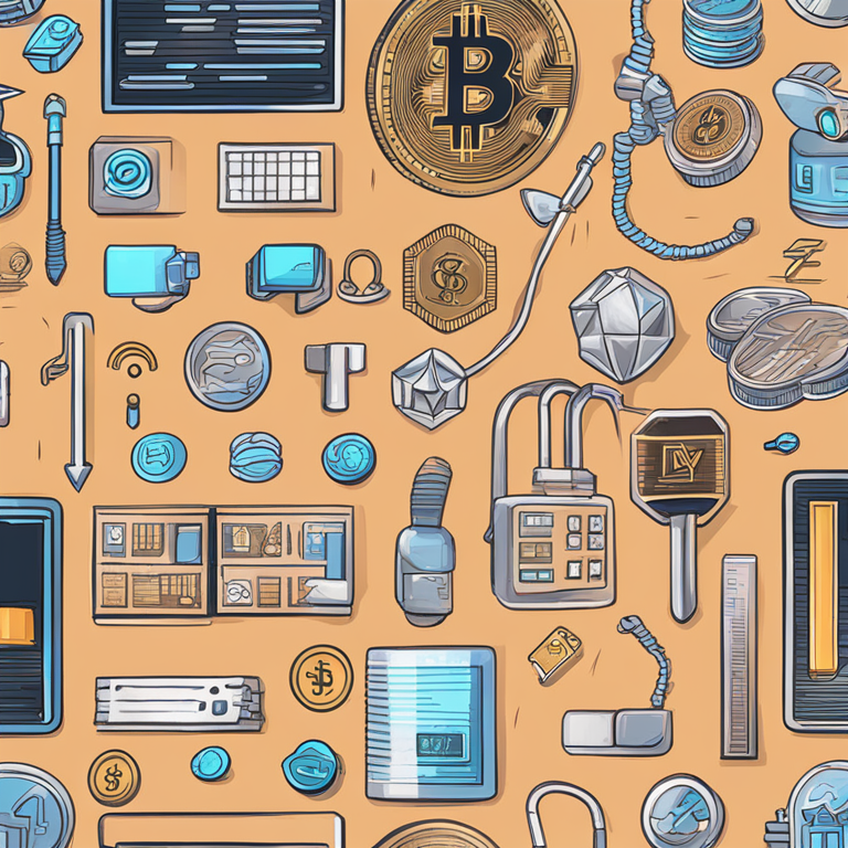 Hand-drawn digital illustration of cryptocurrency icons and utilities, Artstation HQ, digital art, trendy magazine style