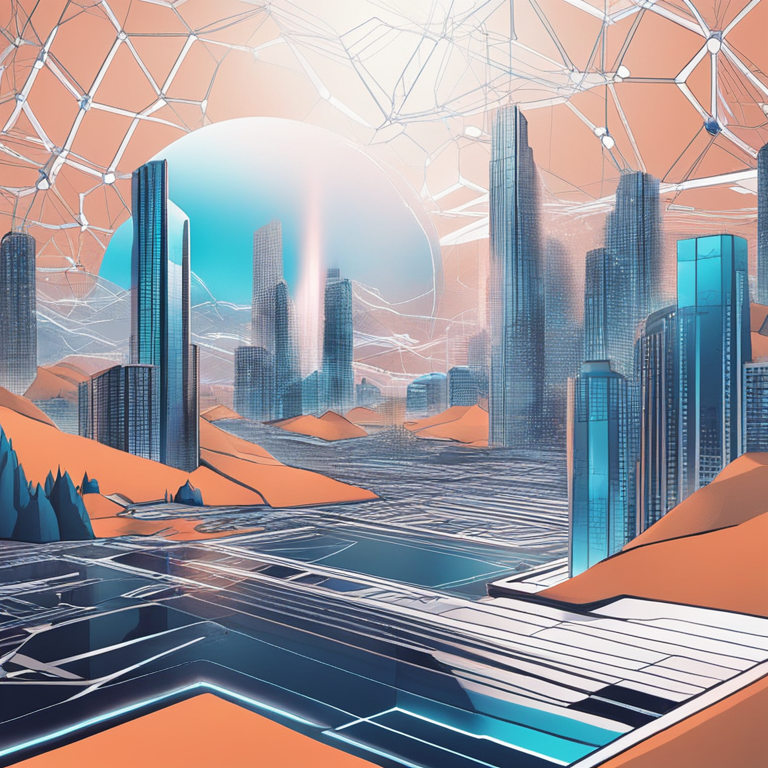 Hand-drawn digital illustration, Artstation HQ, digital art of abstract blockchain network with digital assets and futuristic European landscape, trending magazine style