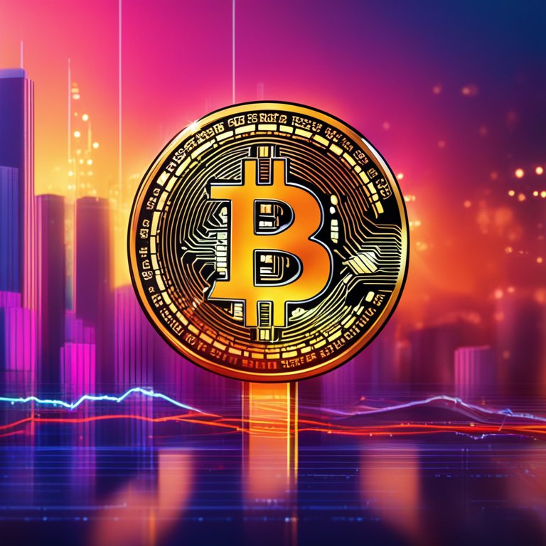 digital illustration of Bitcoin ETF rising prices with a high-tech background, Artstation HQ, digital art, Bitcoin and ETF connected, vibrant colors, market surge impact