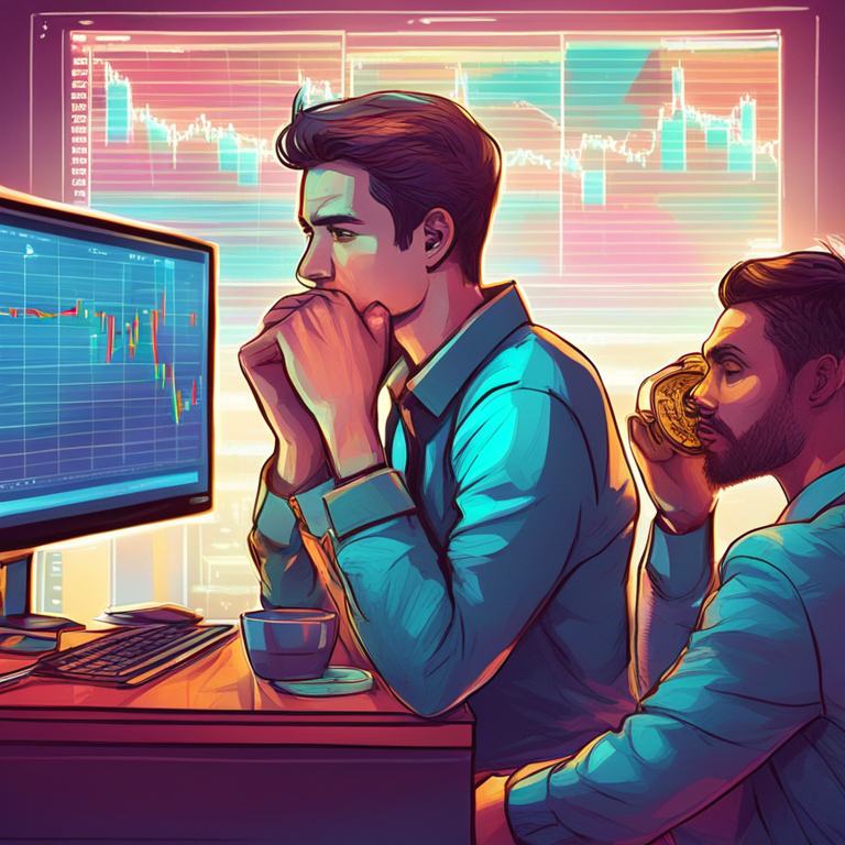 Digital illustration of worried Bitcoin investors watching BTC value charts, hand-drawn, vibrant colors, Artstation HQ, digital art, high-tech, modern finance background