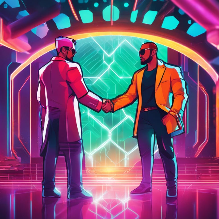 a vibrant digital illustration of Tether and RAK DAO partnership, hand-shake in a futuristic setting, blockchain network in the background, magazine style, Artstation HQ, digital art