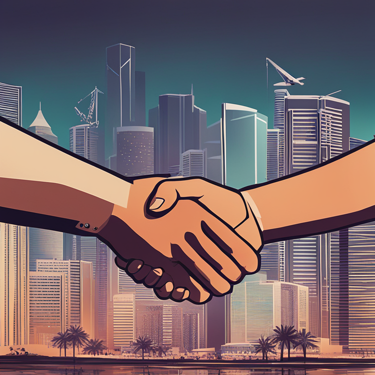 a modern digital illustration of economic collaboration, handshake between business partners on a backdrop of Ras Al Khaimah’s skyline, magazine style, Artstation HQ, digital art