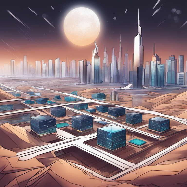 hand-drawn digital illustration of futuristic blockchain landscape in UAE, Artstation HQ, digital art, high-tech city, modern collaborative atmosphere