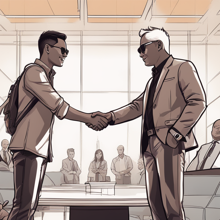 hand-drawn digital illustration of Tether and RAK DAO representatives shaking hands, Artstation HQ, digital art, unity and collaboration, trendy magazine style