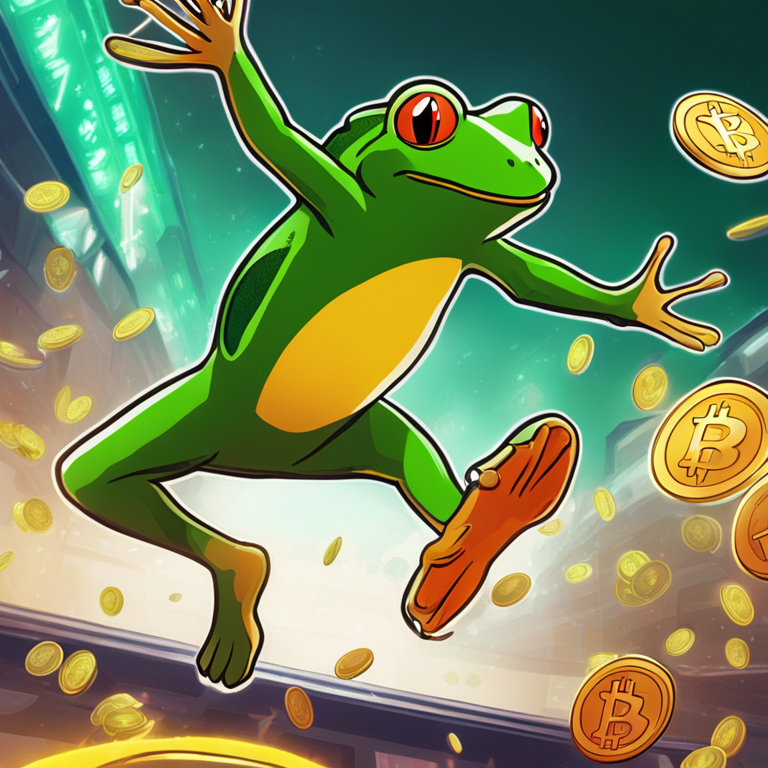 A stylish digital illustration of Pepe Coin showing a green frog leaping ahead with graphical cryptocurrency elements, hand-drawn digital illustration, Artstation HQ, digital art