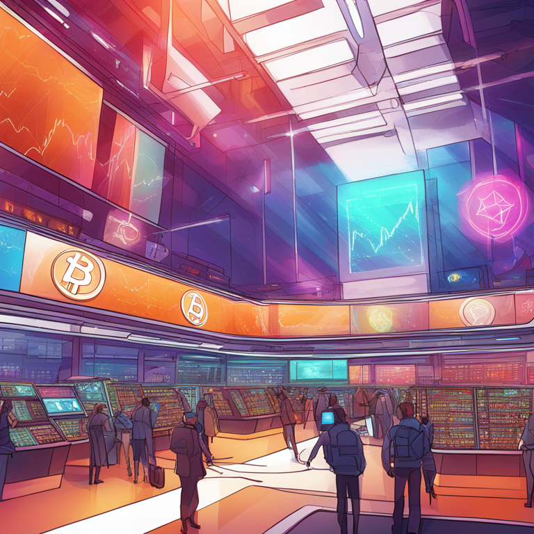 hand-drawn digital illustration of futuristic cryptocurrency market, Artstation HQ, digital art, vibrant colors, futuristic, abstract, high-tech, trend lines, sleek, conceptual, magazine style