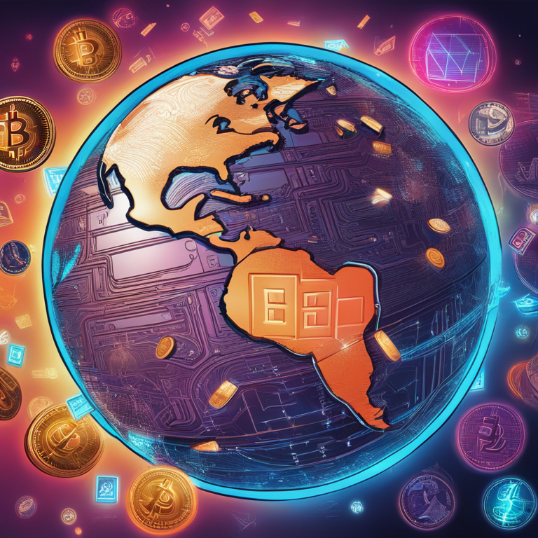 Hand-drawn digital illustration of a futuristic digital globe surrounded by cryptocurrency symbols, Artstation HQ, vibrant colors, digital art