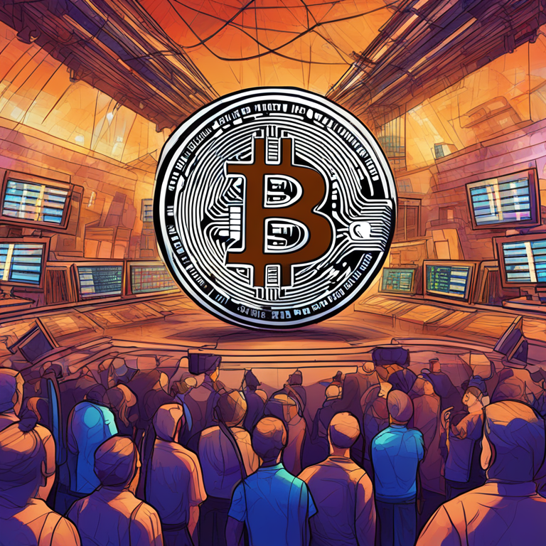 Hand-drawn digital illustration depicting Bitcoin market structure, high-tech elements, vibrant abstract background, Artstation HQ, digital art