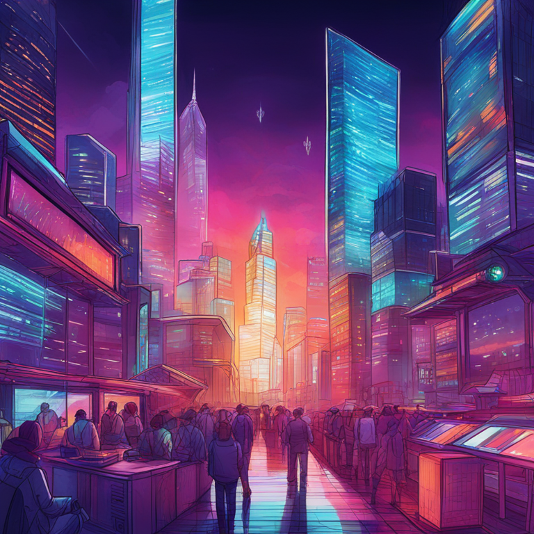 Hand-drawn digital illustration of a vast cryptocurrency market growth, futuristic cityscape background, charts and graphs ascending, digital art, Artstation HQ, vibrant colors