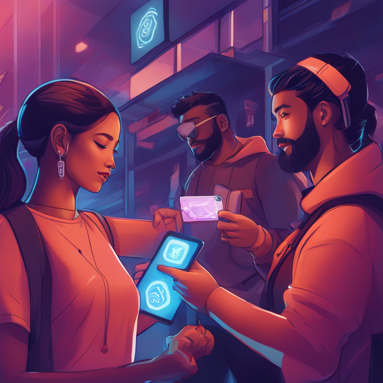 Artistic digital illustration of people interacting with decentralized applications through Safe{Wallet}, promoting the ease and groundbreaking nature of Native Swaps, Artstation HQ, digital art