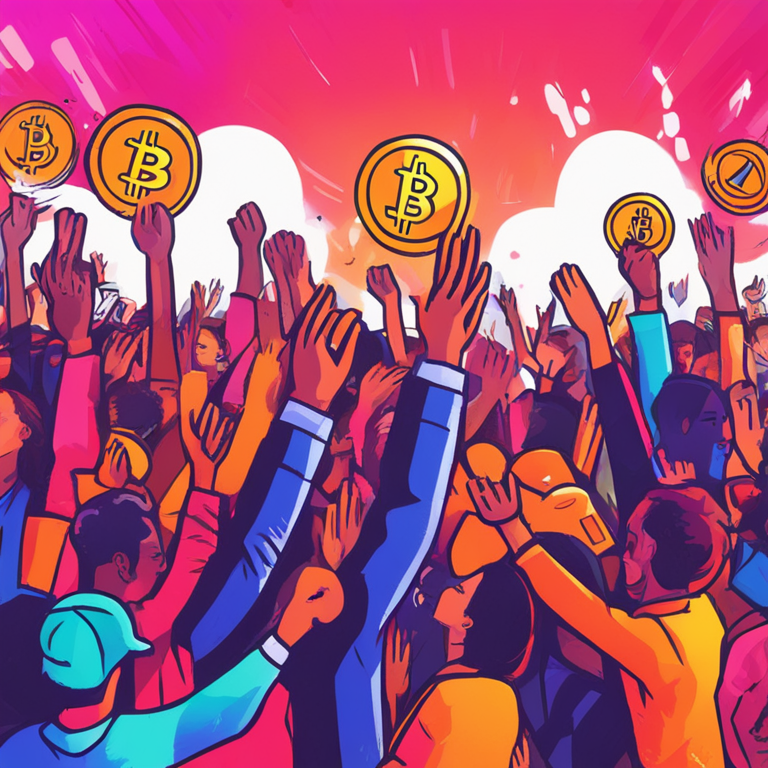 Hand-drawn illustration of people celebrating GME stock and cryptocurrency price rise, in trendy magazine style, vibrant colors, digital art