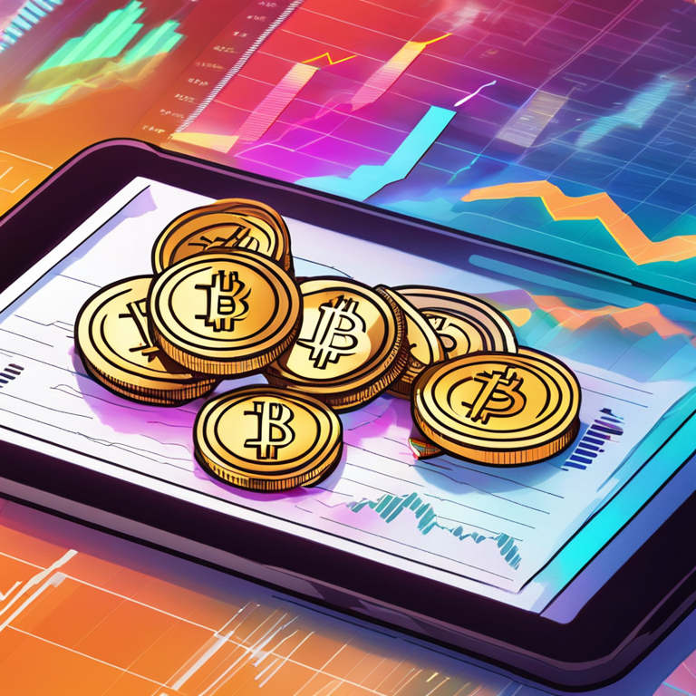 Illustration of crypto coins and stock market charts interacting, colorful, digital art, trendy magazine style