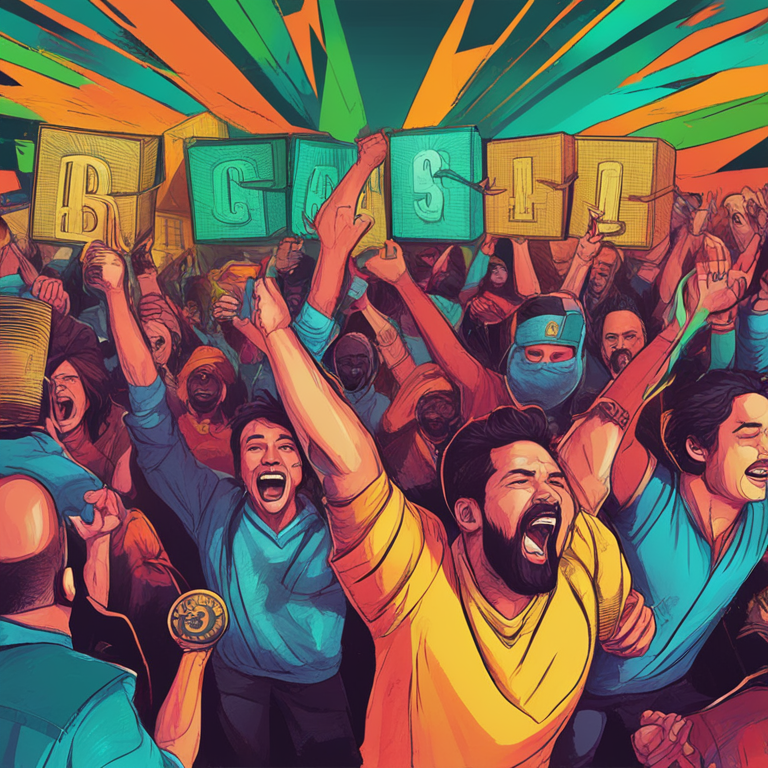 hand-drawn digital illustration, Artstation HQ, digital art, depicting a dramatic rally in cryptocurrency prices, vibrant charts, investors celebrating with GameStop branding, trending colors