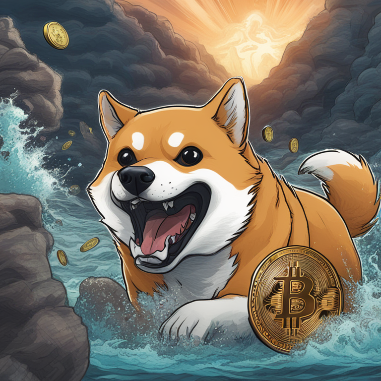 Digital rendition of Bitcoin, Toncoin, and Shiba Inu coins navigating a turbulent market, hand-drawn digital illustration, Artstation HQ, digital art